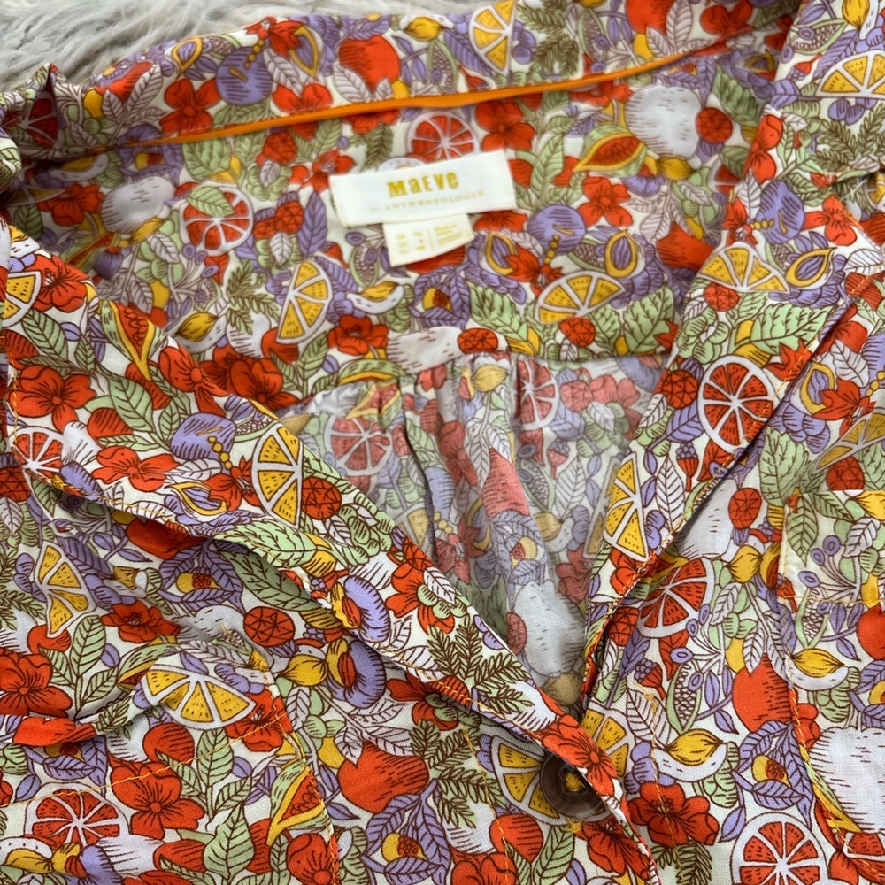 Cropped Anthropologie Maeve Fruit Blouse with Tie detail